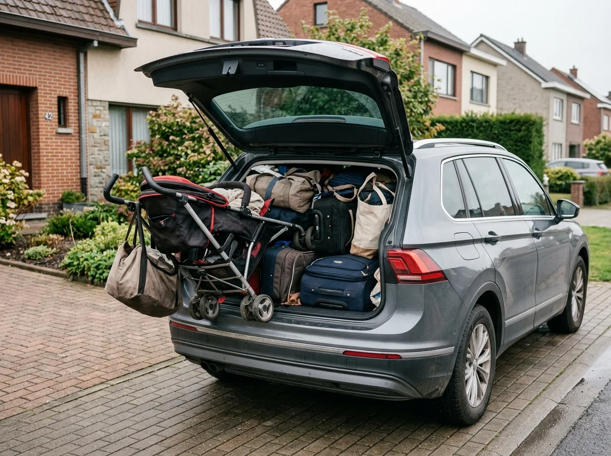 Volle kofferbak van een gezinswagen met opengeklapte kinderwagen en tassen die niet meer passen
