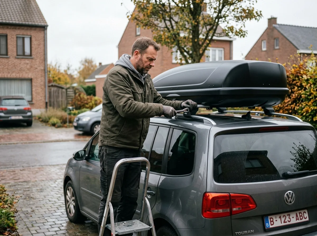 Iemand monteert een dakkoffer op het dak van een gezinswagen